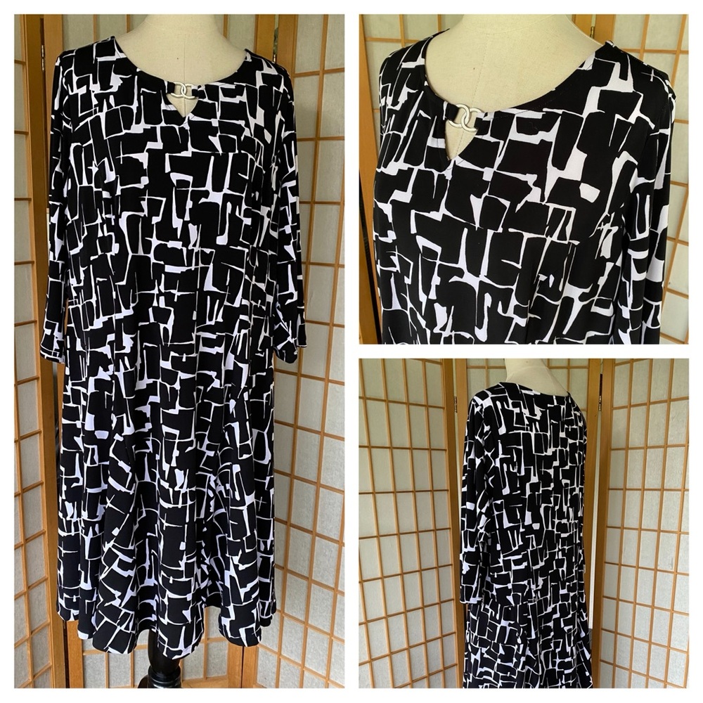 Susan Graver Black and White Geometric Print Dress SZ 1X